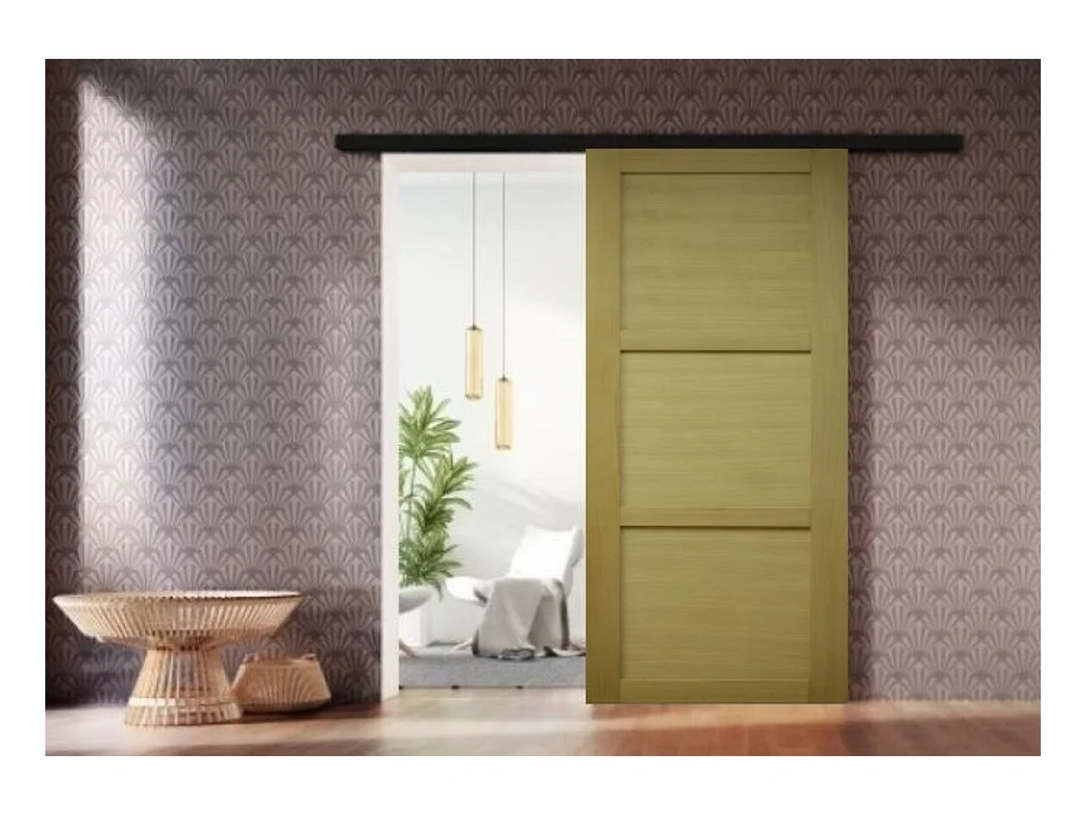 Porte Coulissante Bois Ayous 3 Panneaux H204 X L73 + Rail Alu Bandeau Noir Gd Menuiseries