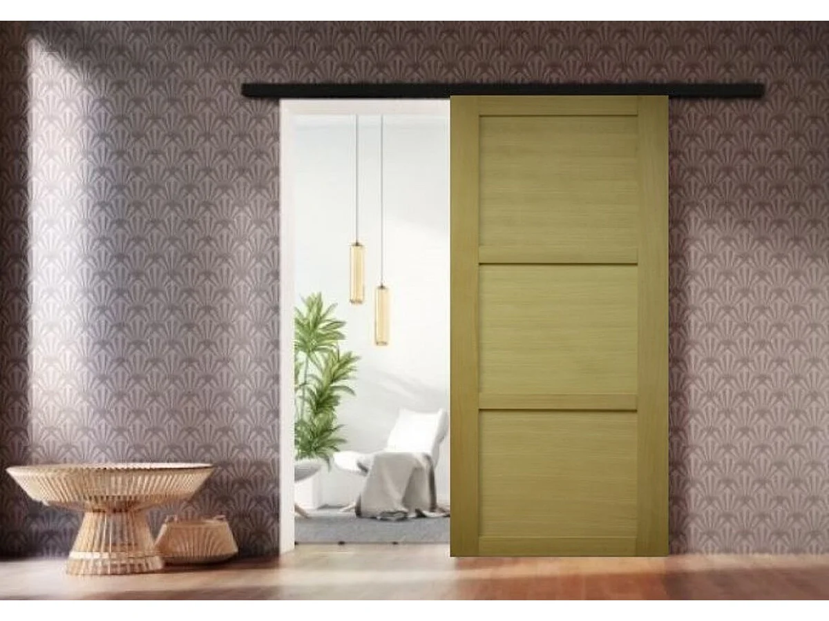 Porte Coulissante Bois Ayous 3 Panneaux H204 X L73 + Rail Alu Bandeau Noir Gd Menuiseries