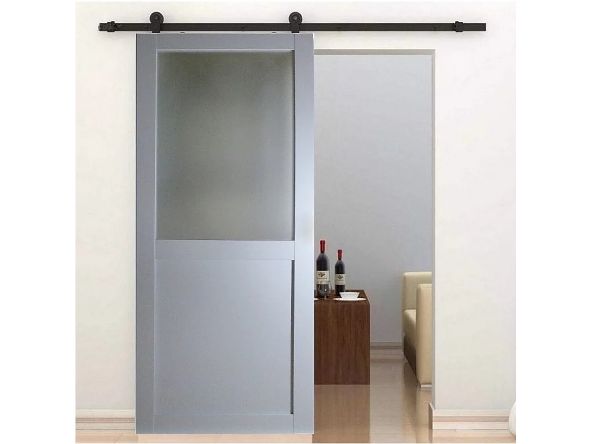 Athena RAL7035 Glazen Schuifdeur H204 x L73 + Zwarte rollenbaan