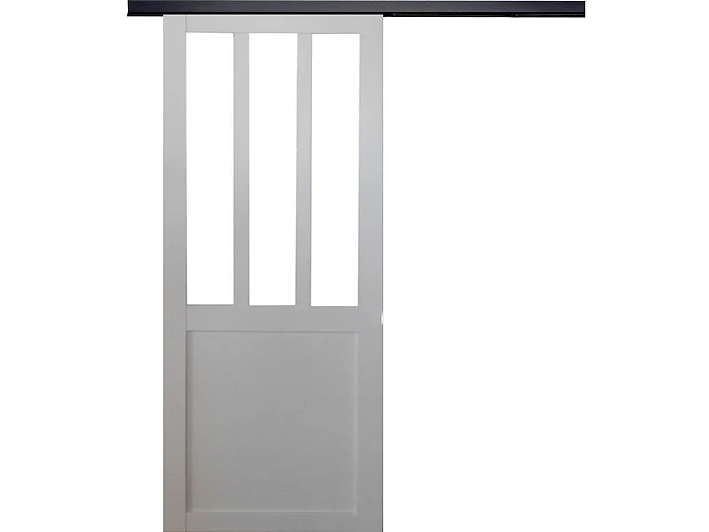 Porte Coulissante Atelier Blanc H204 X L93 + Rail Alu Bandeau Noir Gd Menuiseries