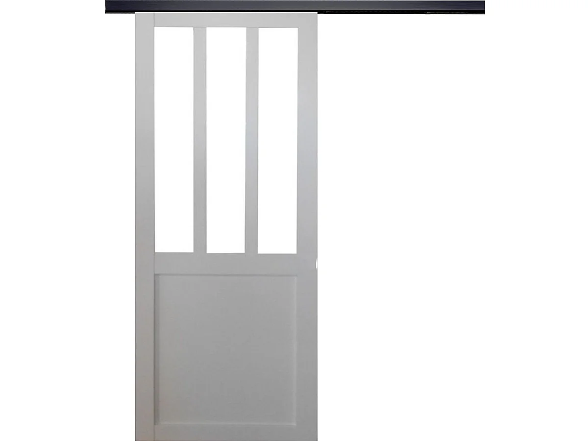 Porte Coulissante Atelier Blanc H204 X L93 Cm, Rail Alu Bandeau Noir Gd Menuiseries