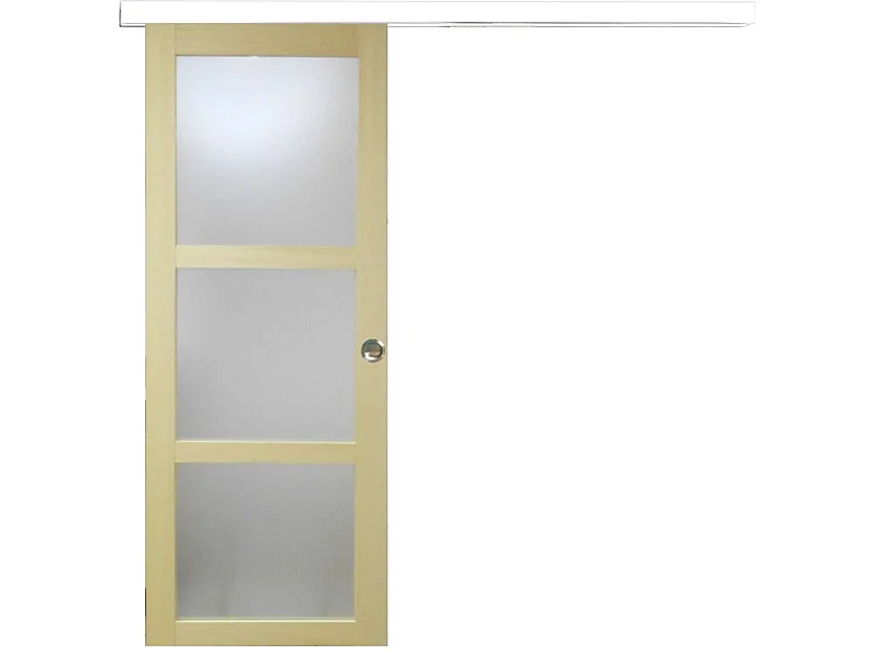 Porte Coulissante Bois Ayous Vitree H204 X L83 + Rail Alu Bandeau Blanc Et Coquilles Gd Menuiseries