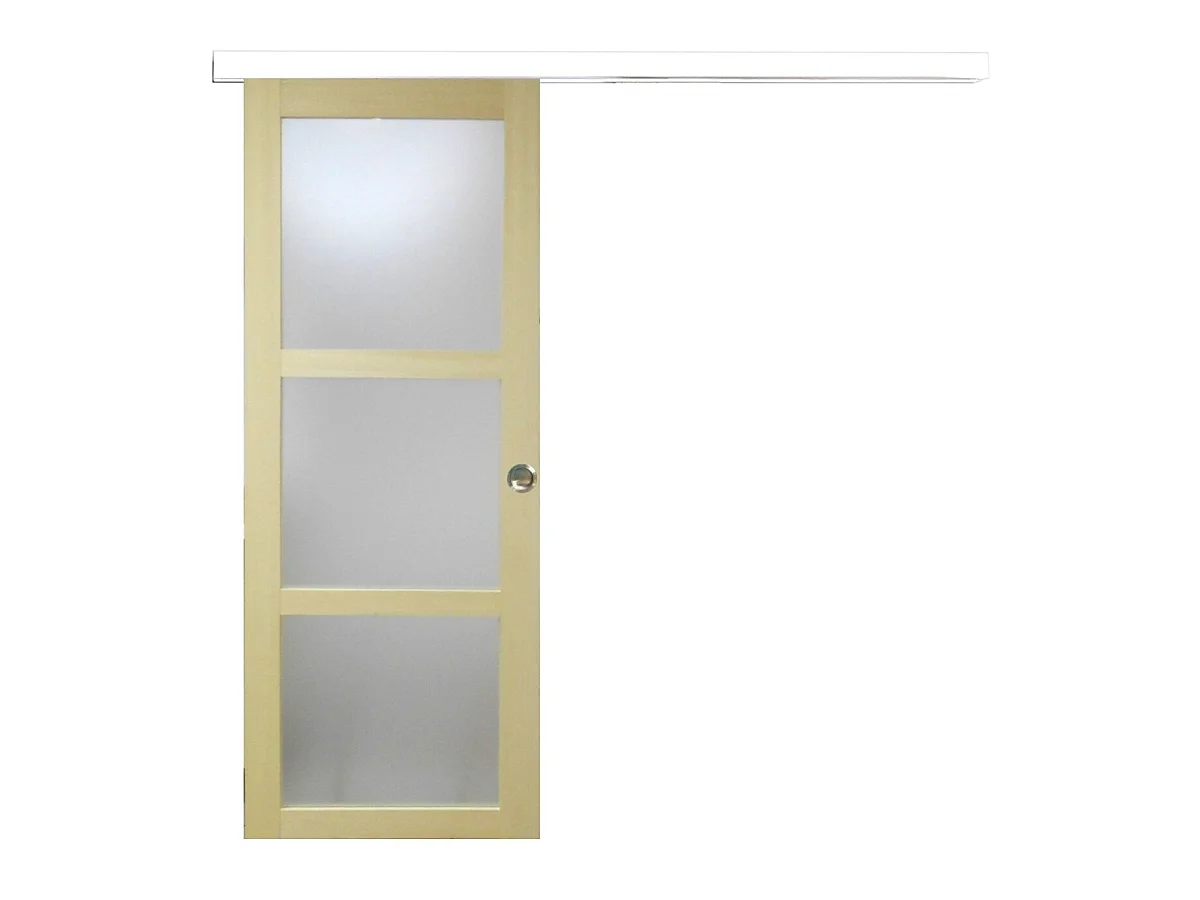 Porte Coulissante Bois Ayous Vitree H204 X L83 + Rail Alu Bandeau Blanc Et Coquilles Gd Menuiseries