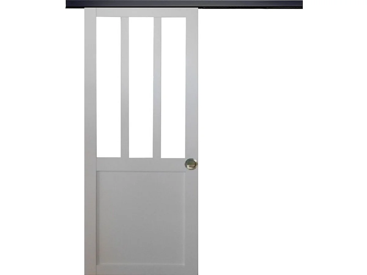 Porte Coulissante Atelier Blanc H204 X L83 Cm, Rail Alu Bandeau Noir, Coquilles Gd Menuiseries