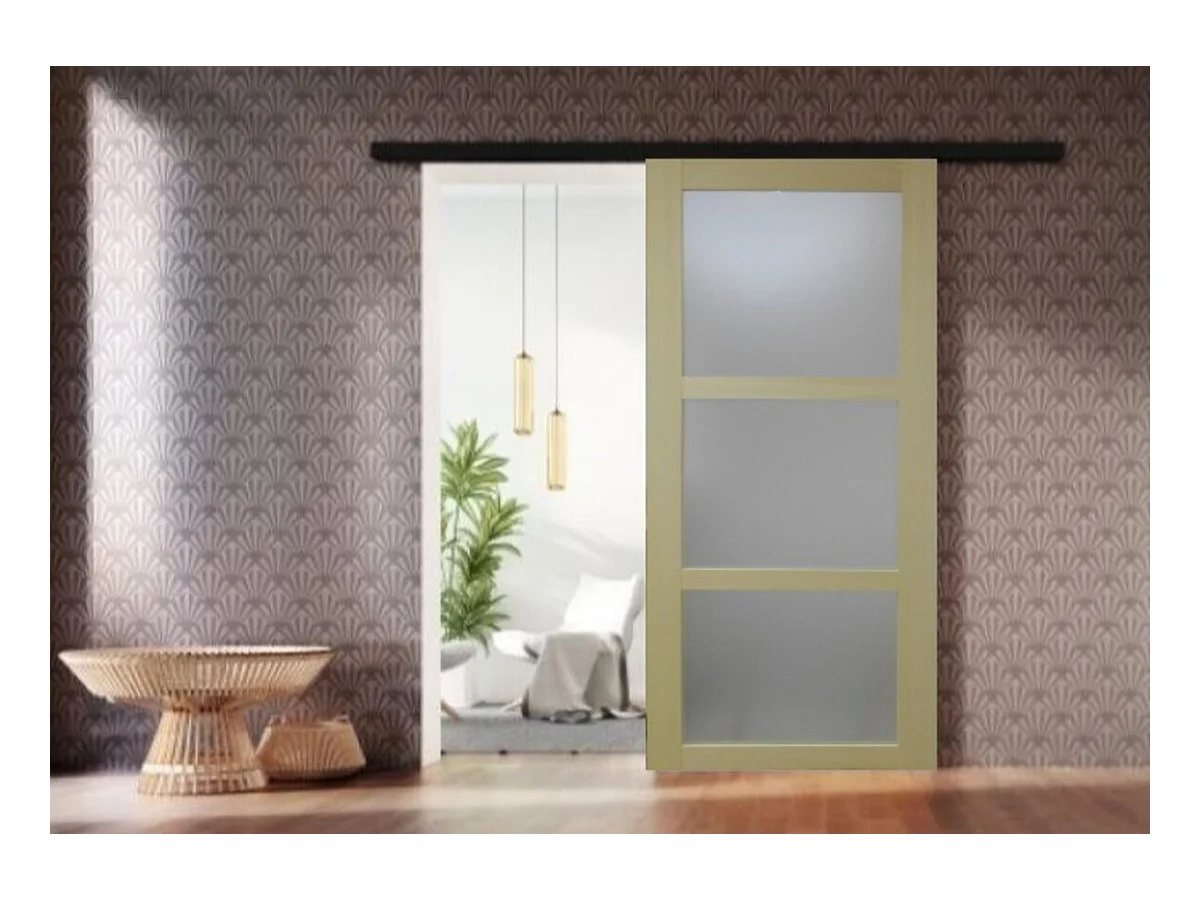 Porta scorrevole smaltata Ayous impiallacciato 3 vetri H204 x L73 + binario a rulli nero senza maniglia