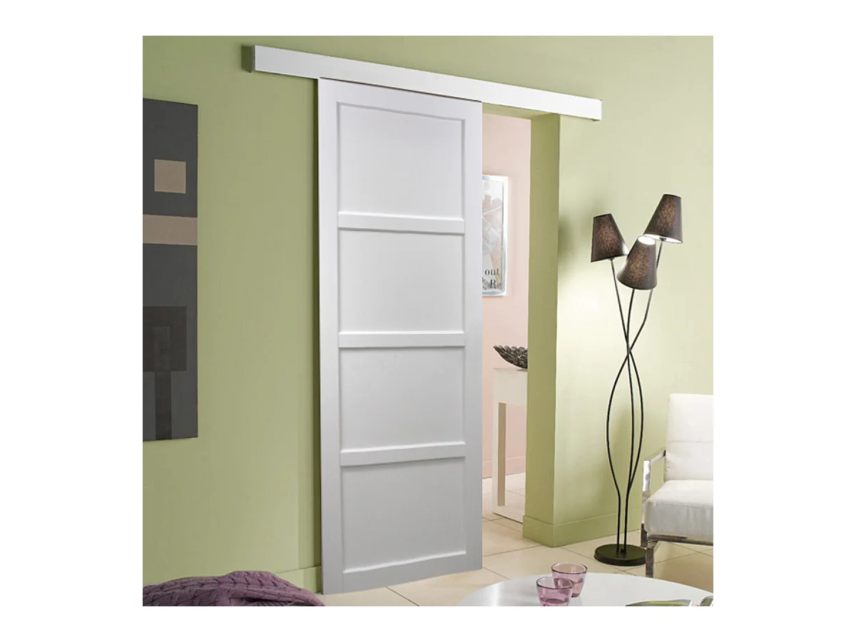 Porte Coulissante Tamera Blanc 4 Panneaux H204 X L93 + Rail Alu Bandeau Blanc Gd Menuiseries