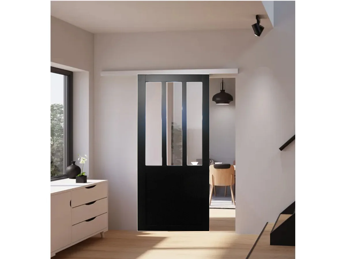 Puerta Corredera Taller Acristalamiento Transparente Revestimiento Negro H204 x A83 + Carril Alu