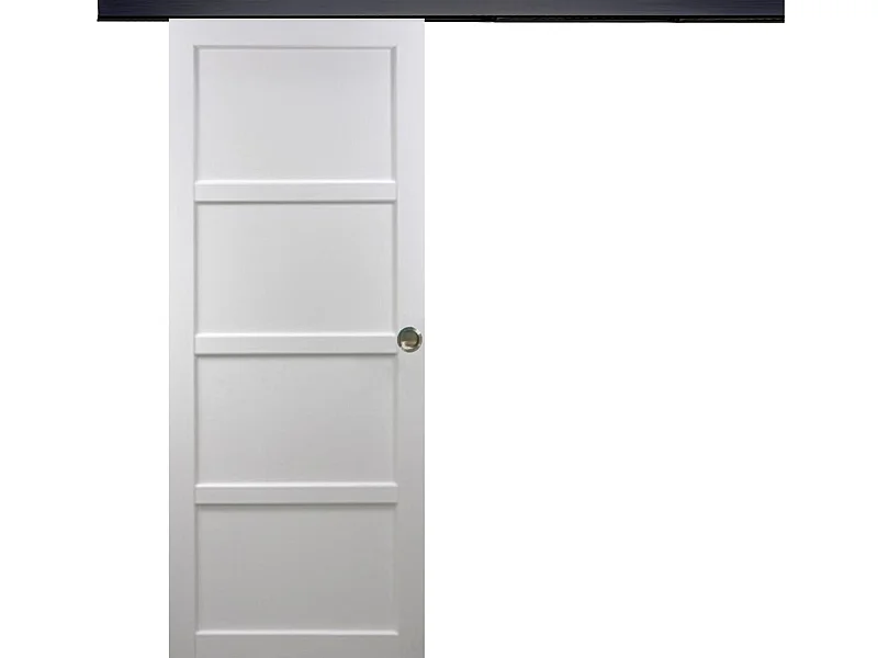 Porte Coulissante Tamera Blanc 4 Panneaux H204 X L83 + Rail Alu Bandeau Noir Et Coquilles Gd Menuiseries