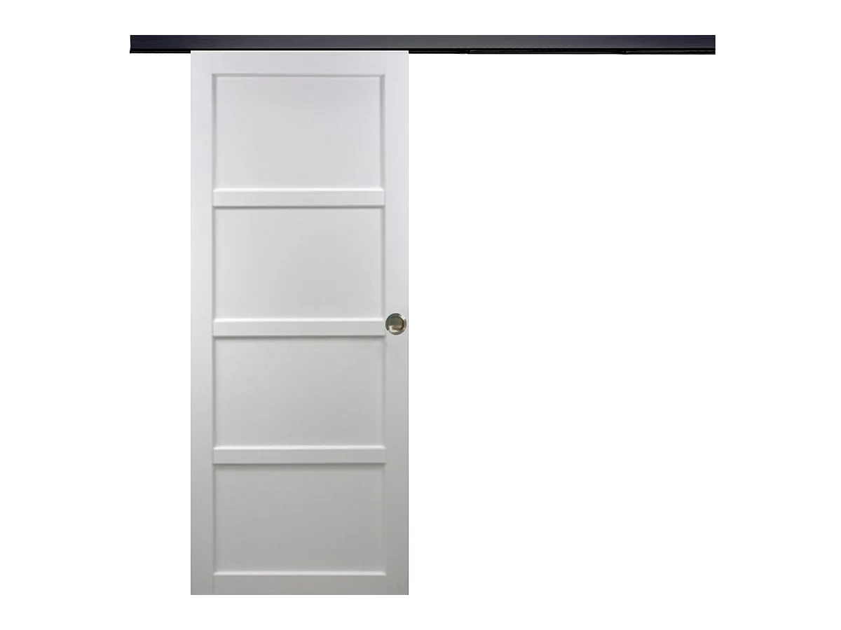 Porte Coulissante Tamera Blanc 4 Panneaux H204 X L83 + Rail Alu Bandeau Noir Et Coquilles Gd Menuiseries