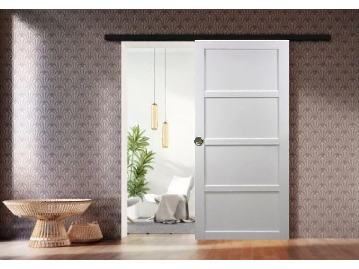 Porte Coulissante Tamera Blanc 4 Panneaux H204 X L83 + Rail Alu Bandeau Noir Et Coquilles Gd Menuiseries