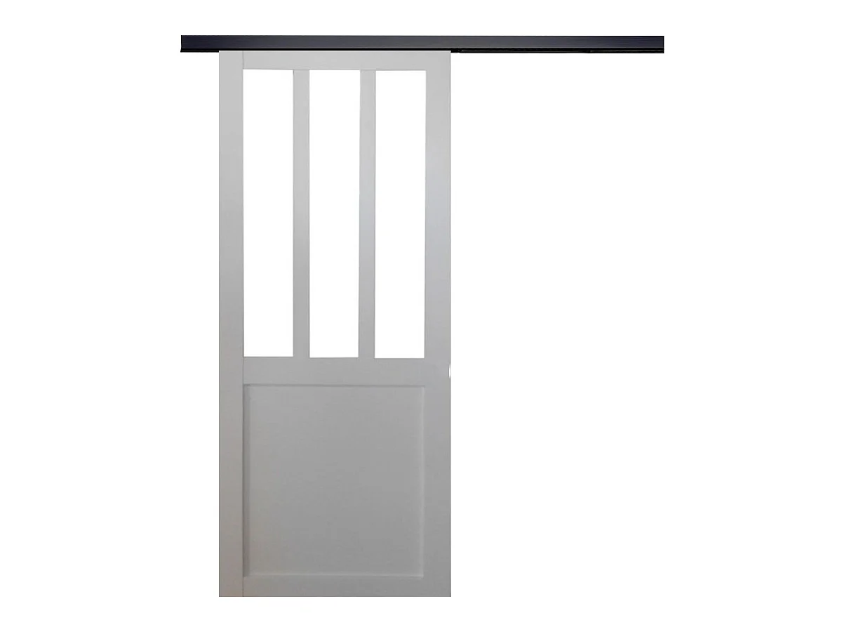 Porte Coulissante Atelier Blanc H204 X L83 + Rail Alu Bandeau Noir Gd Menuiseries