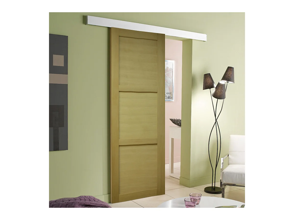 Porte Coulissante Bois Ayous 3 Panneaux H204 X L83 + Rail Alu Bandeau Blanc Gd Menuiseries