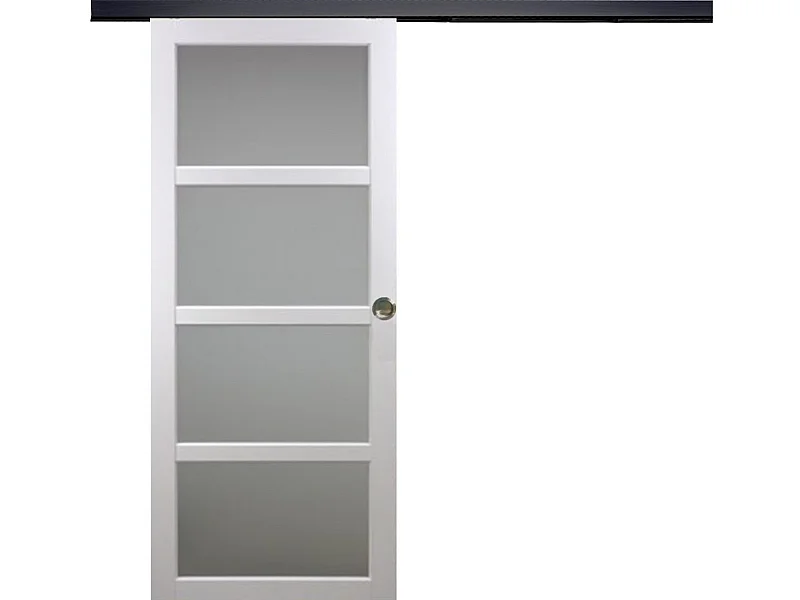 Porta scorrevole Tana bianca larghezza 83 con binario in alluminio nero + 2 gusci installati