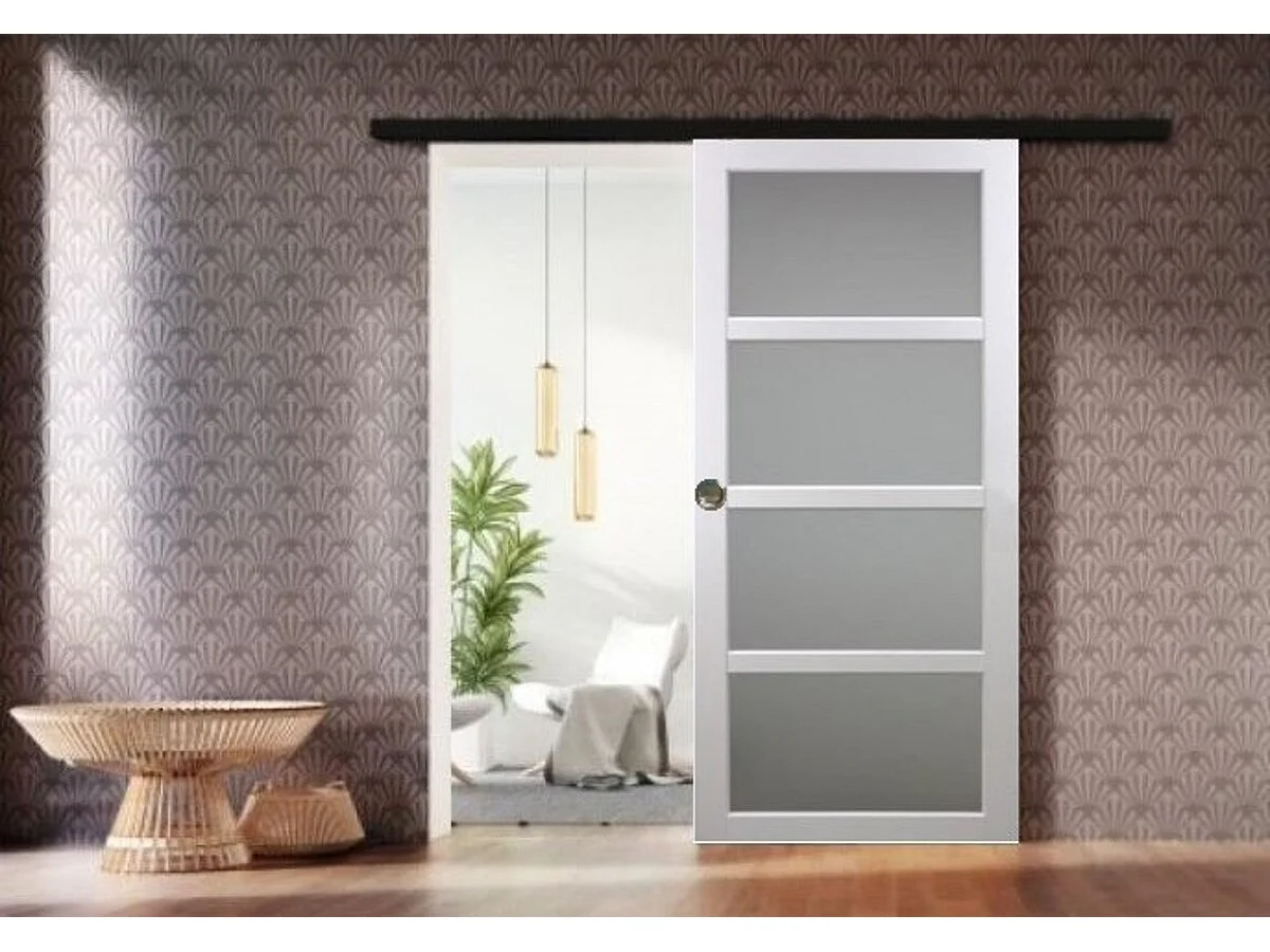 Porta scorrevole Tana bianca larghezza 83 con binario in alluminio nero + 2 gusci installati