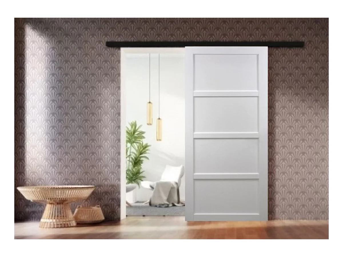 Porte Coulissante Tamera Blanc 4 Panneaux H204 X L93 + Rail Alu Bandeau Noir Gd Menuiseries