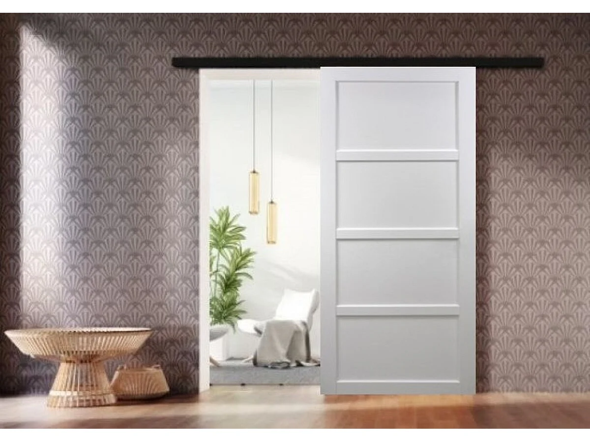 Porte Coulissante Tamera Blanc 4 Panneaux H204 X L93 + Rail Alu Bandeau Noir Gd Menuiseries