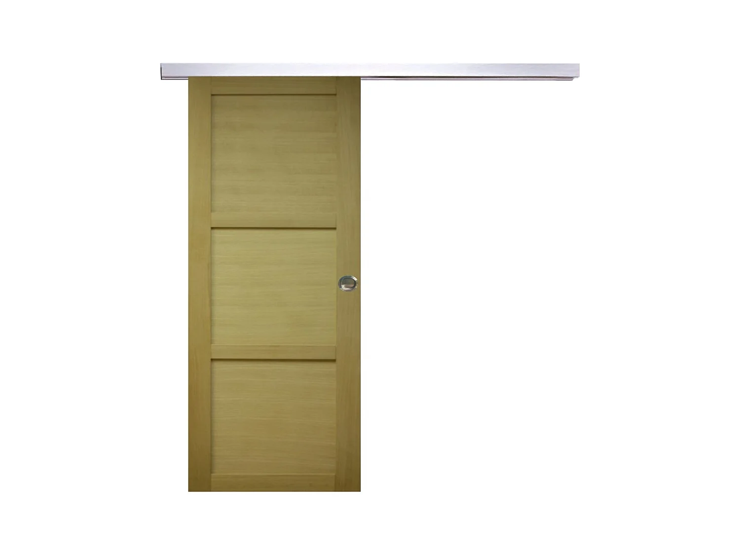 Porta scorrevole a 3 pannelli in legno di ayous H204 x L73 + con guida in alluminio + 2 gusci installati senza maniglia