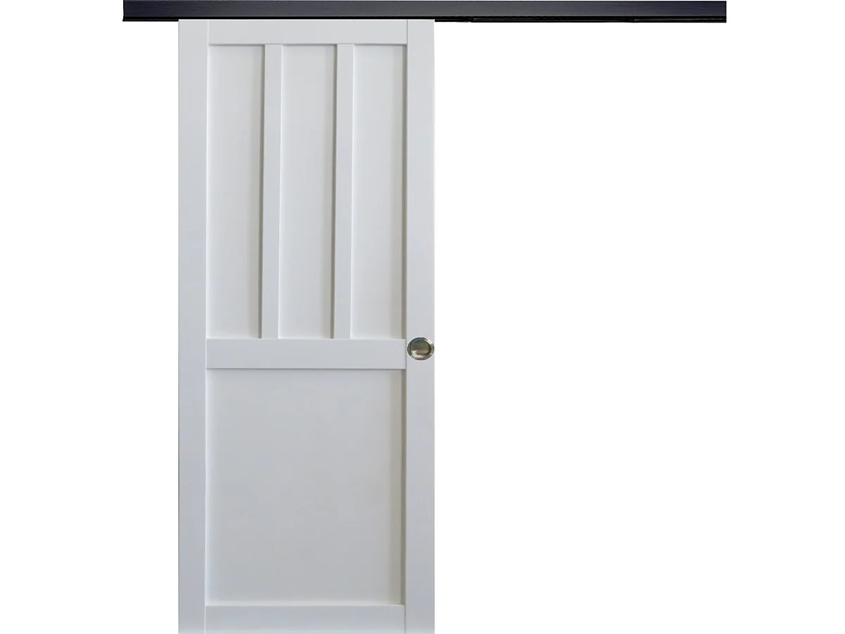 Porte Coulissante Atelier 2 Panneaux Blanc H204 X L83 Cm, Rail Alu Bandeau Noir, Coquilles Gd Menuiseries