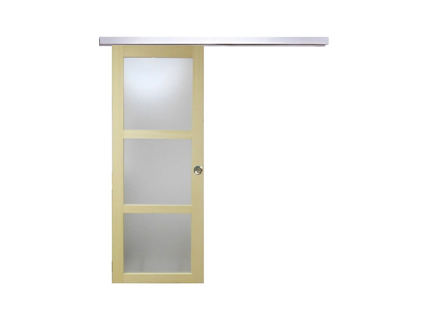 Porta scorrevole smaltata Ayous impiallacciato 3 vetri H204 x L83 + binario Alu con fascia Alu + 2 gusci installati senza maniglia