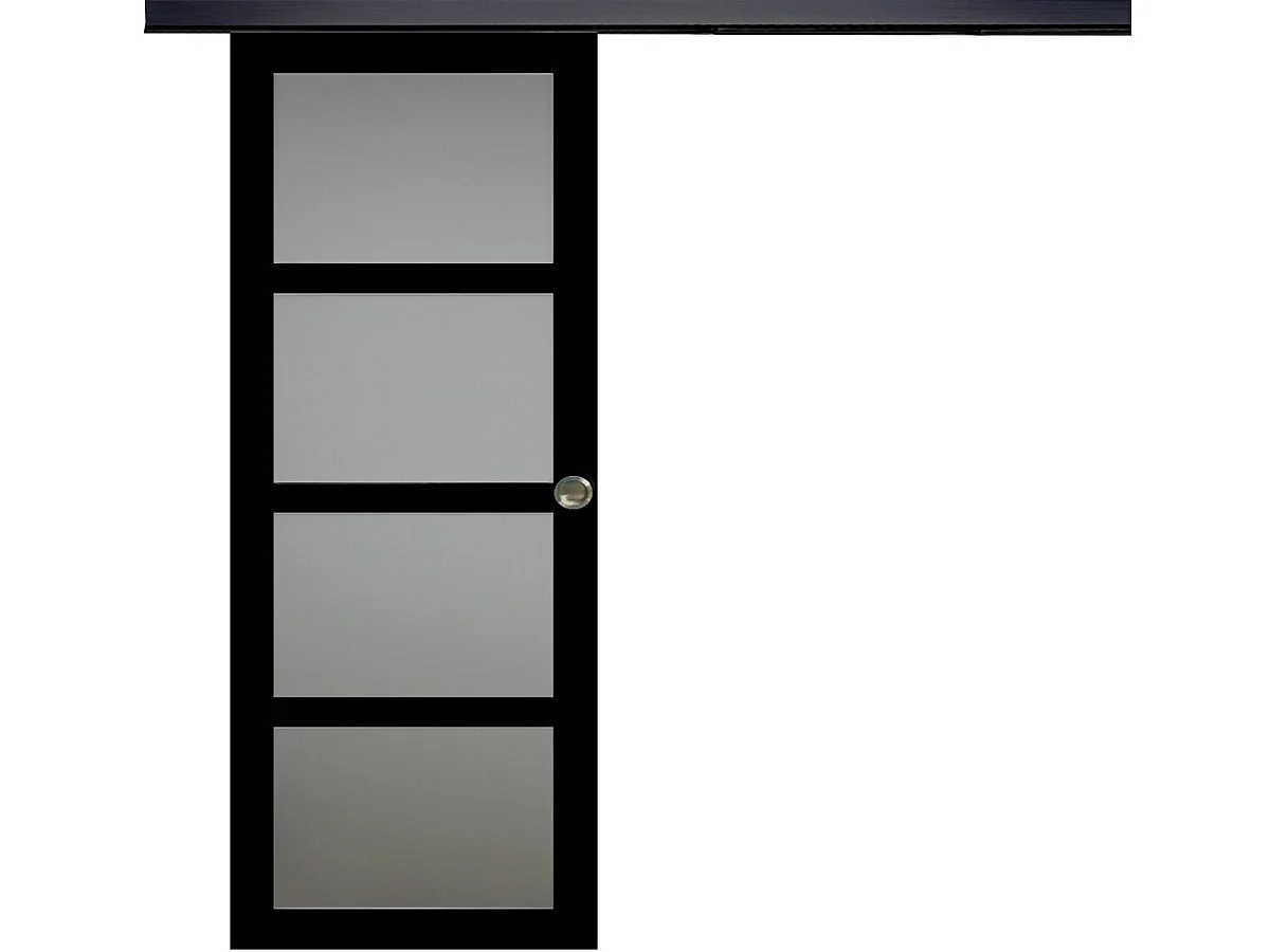 Porte Coulissante Telia Noir Vitree H204 X L73 + Rail Alu Bandeau Noir Et Coquilles Gd Menuiseries