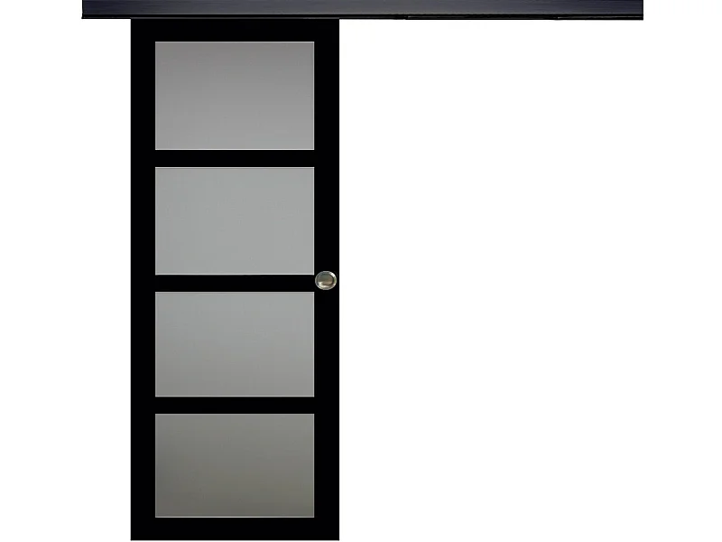 Porte Coulissante Telia Noir Vitree H204 X L73 + Rail Alu Bandeau Noir Et Coquilles Gd Menuiseries