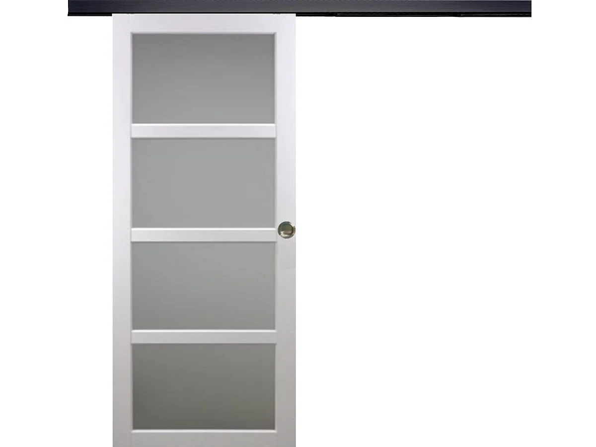 Porte Coulissante Tana Blanc Vitree H204 X L93 + Rail Alu Bandeau Noir Et Coquilles Gd Menuiseries