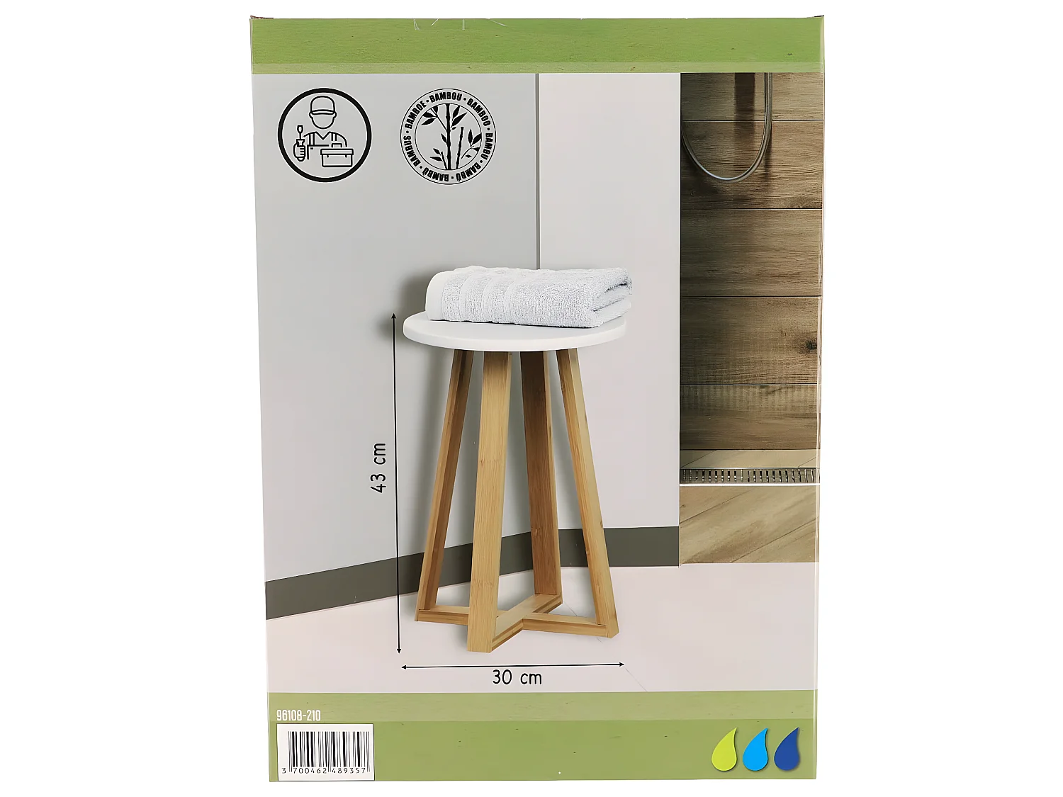 Tabouret de salle de bain en Bambou et Bois Blanc H 43 cm