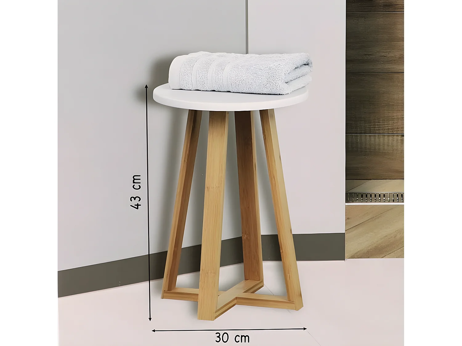 Tabouret de salle de bain en Bambou et Bois Blanc H 43 cm
