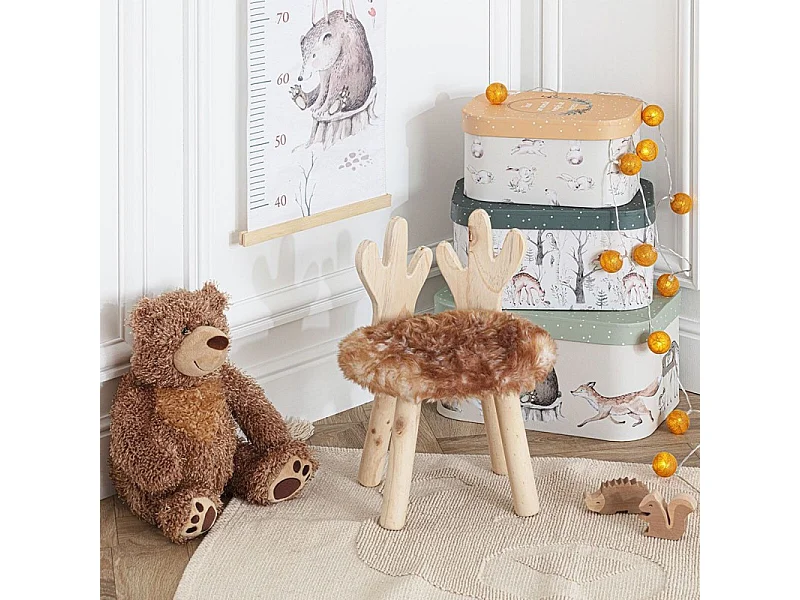 Tabouret pour Enfant Cerf en bois et fourrure marron H 38 cm
