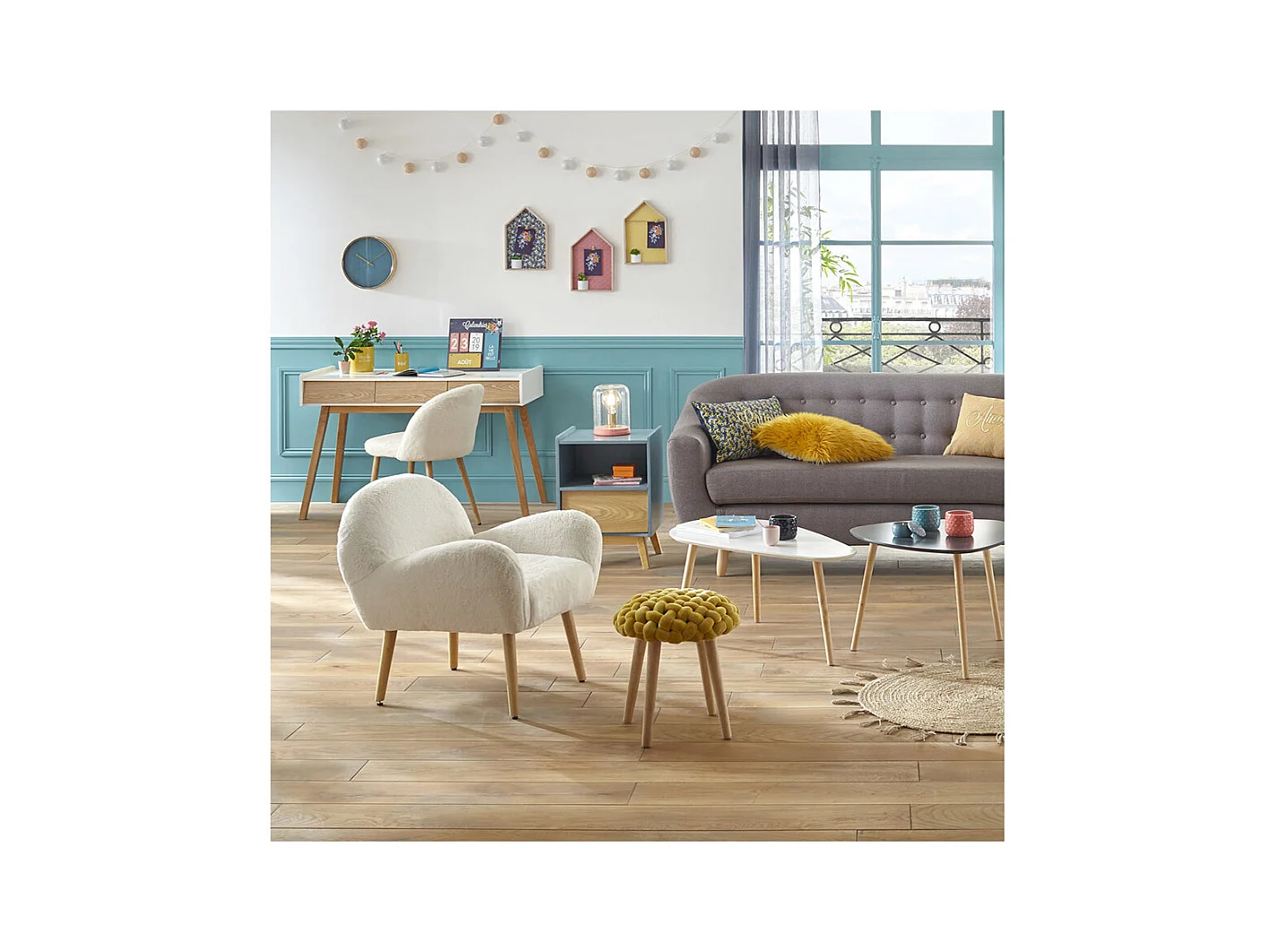 Tabouret pied en Bois et Assise Tricot Velours Moutarde