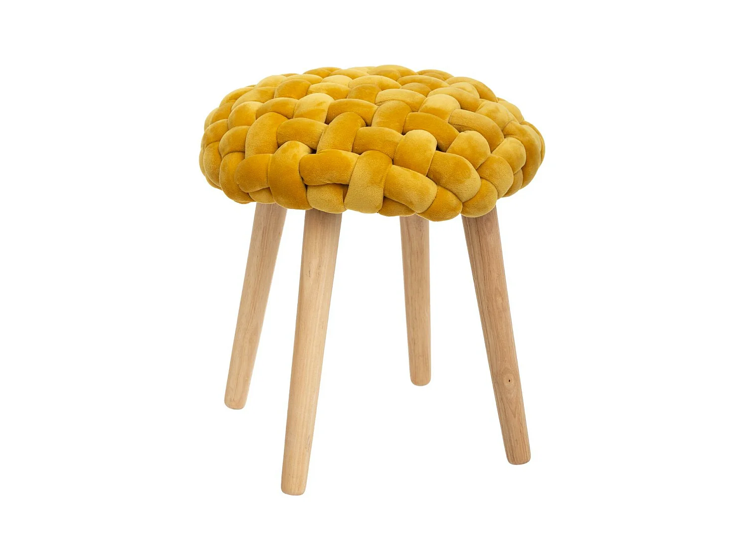 Tabouret pied en Bois et Assise Tricot Velours Moutarde