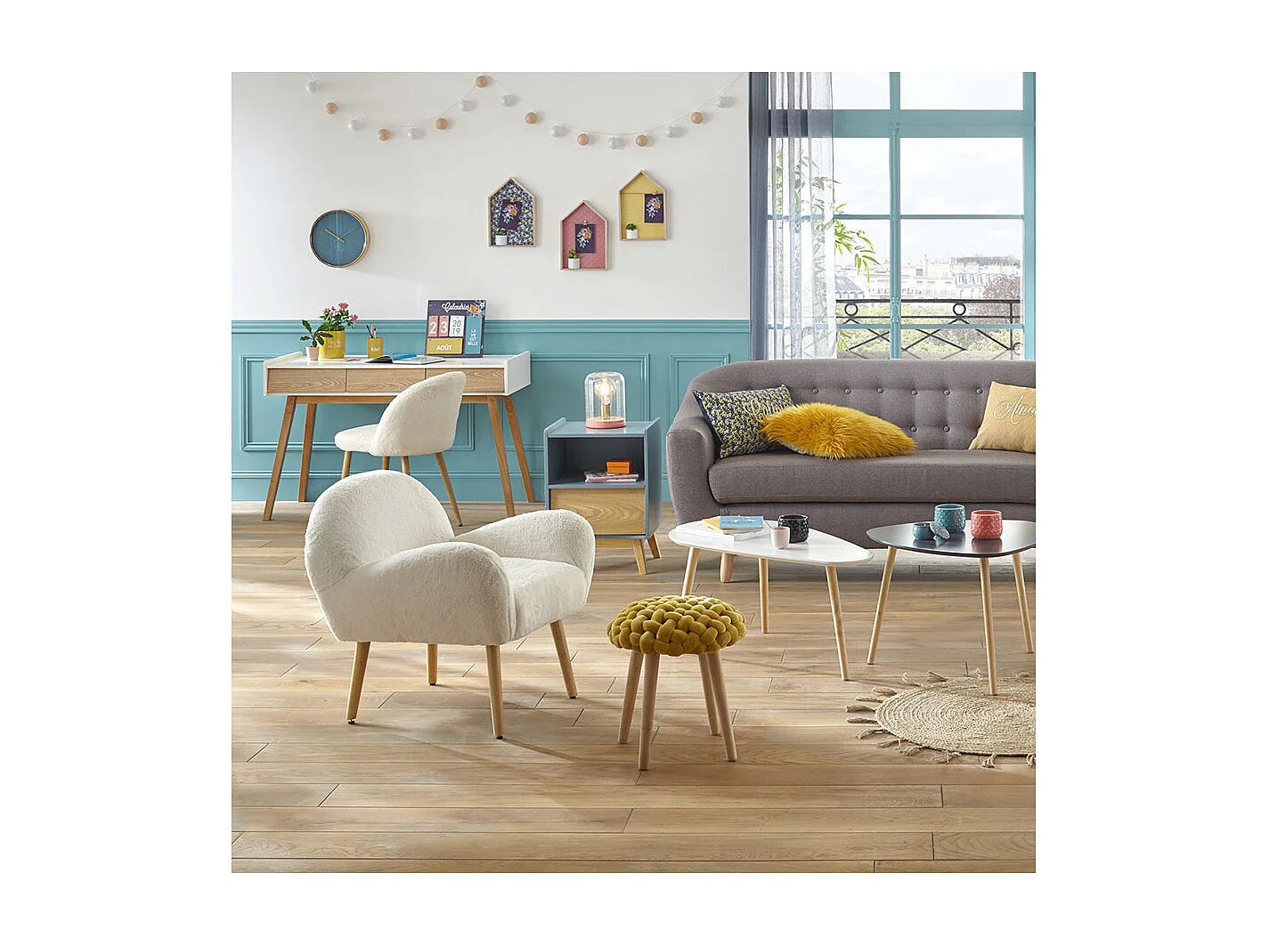 Tabouret pied en Bois et Assise Tricot Velours Moutarde