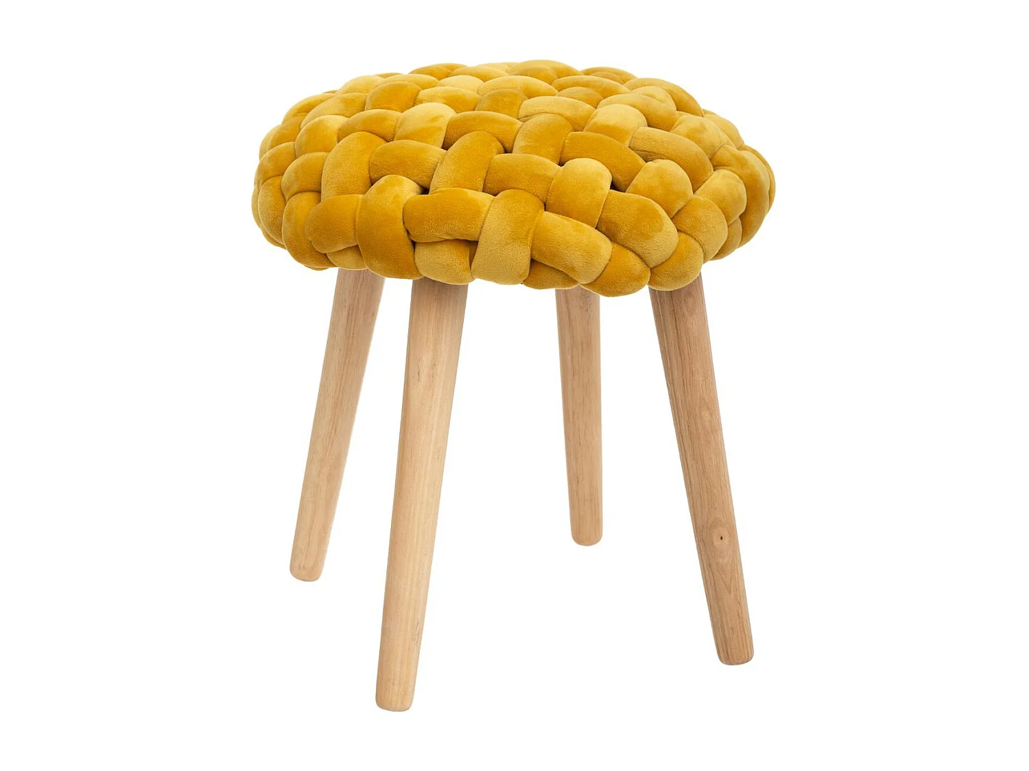 Tabouret pied en Bois et Assise Tricot Velours Moutarde