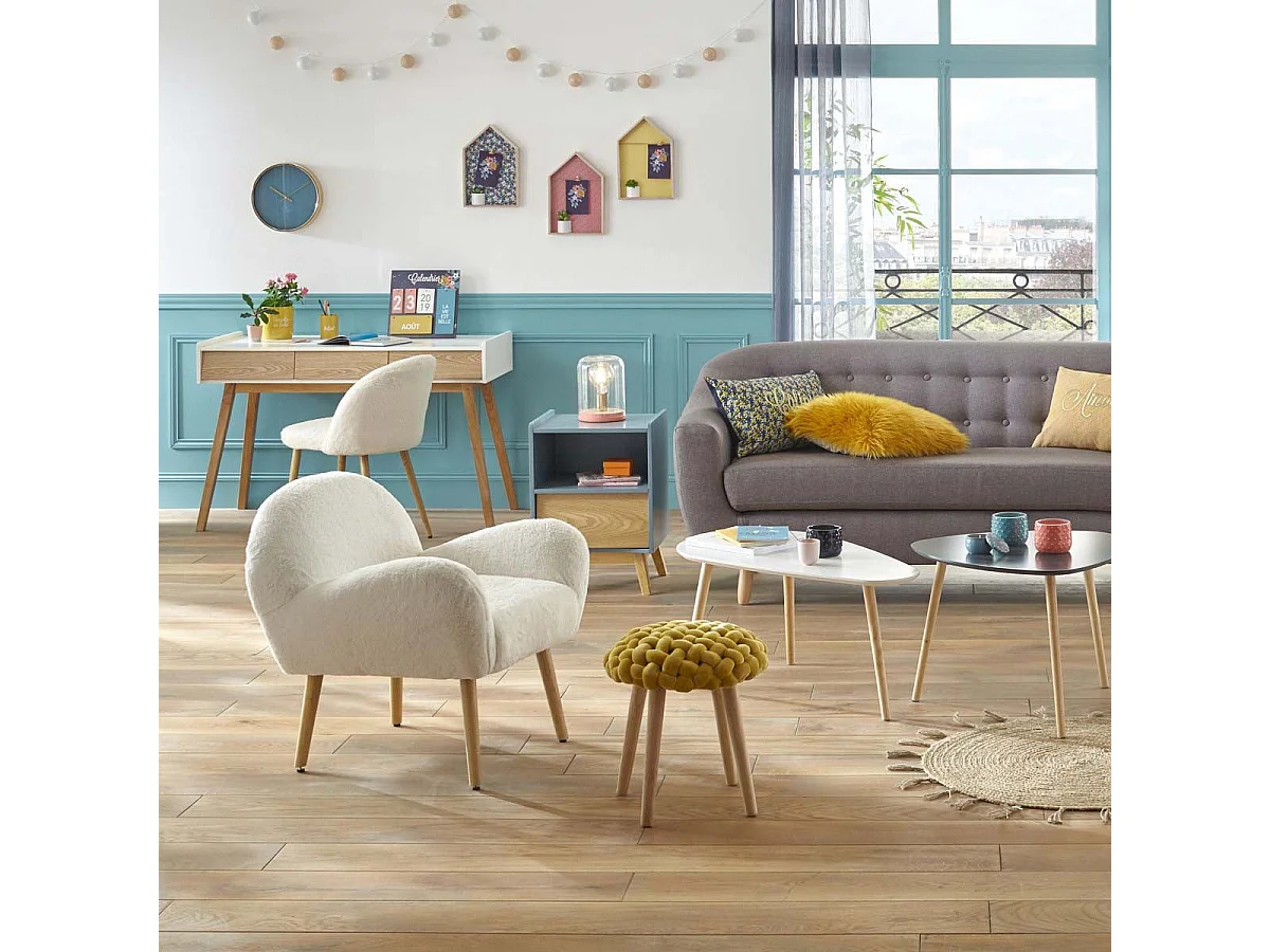 Tabouret pied en Bois et Assise Tricot Velours Moutarde