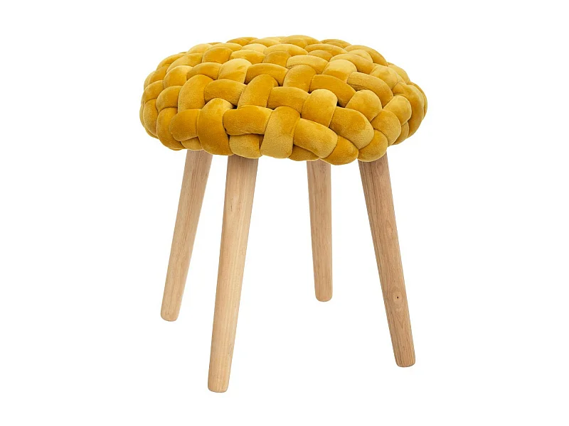 Tabouret pied en Bois et Assise Tricot Velours Moutarde