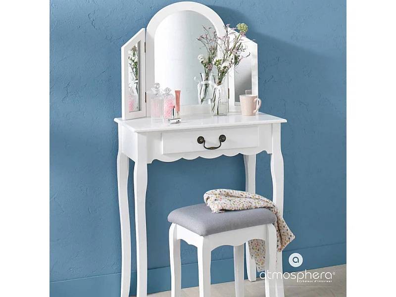 Tabouret de coiffeuse Gris clair et pieds en Bois Blanc H 45 cm