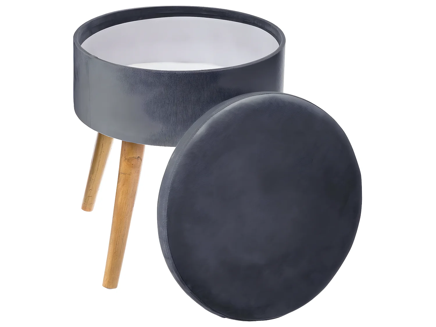 Tabouret avec Coffre en Velours Gris et pieds en Bois naturel H 43 cm