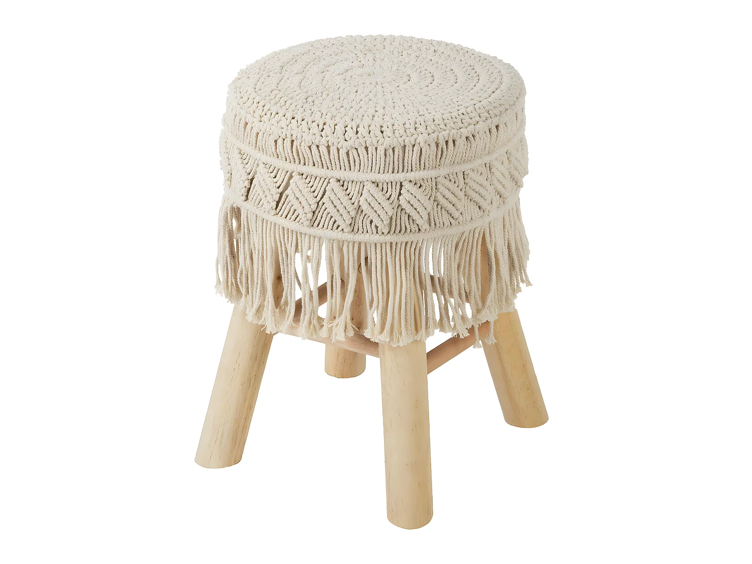 Tabouret Pouf Macramé en Coton et pieds en Bois naturel H 42 cm