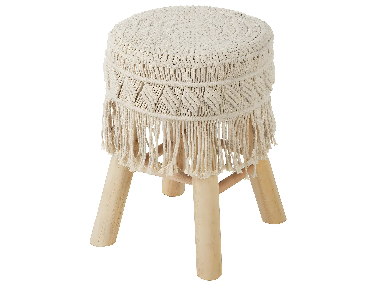 Tabouret Pouf Macramé en Coton et pieds en Bois naturel H 42 cm
