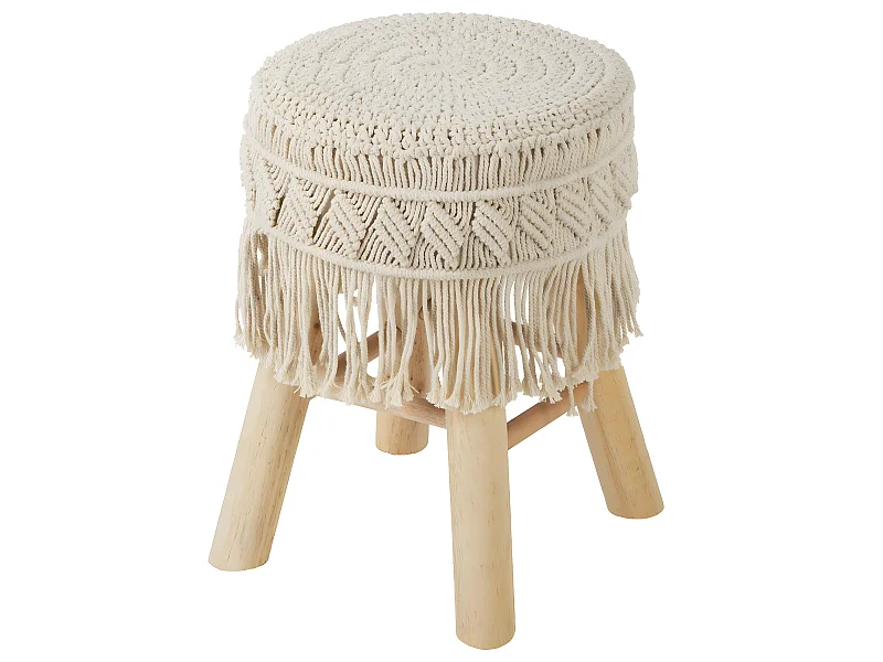 Tabouret Pouf Macramé en Coton et pieds en Bois naturel H 42 cm