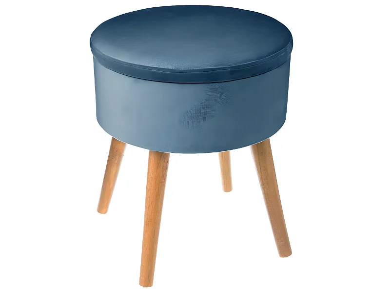 Tabouret avec Coffre en Velours Bleu et pieds en Bois naturel H 43 cm