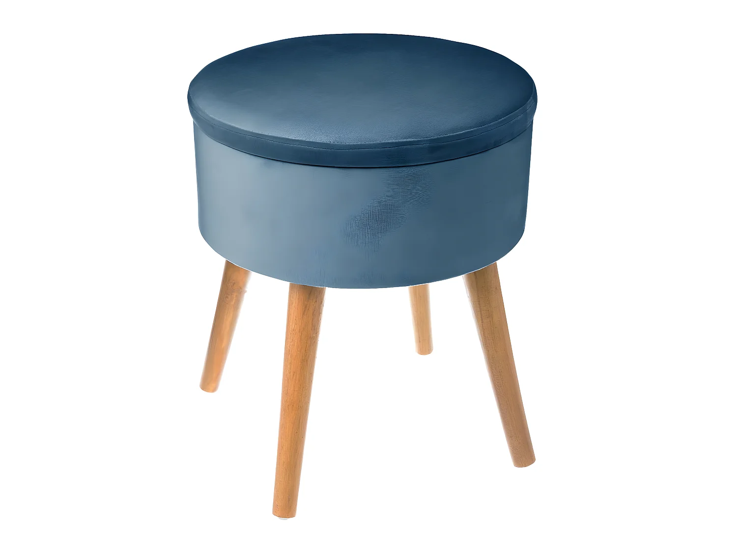 Tabouret avec Coffre en Velours Bleu et pieds en Bois naturel H 43 cm