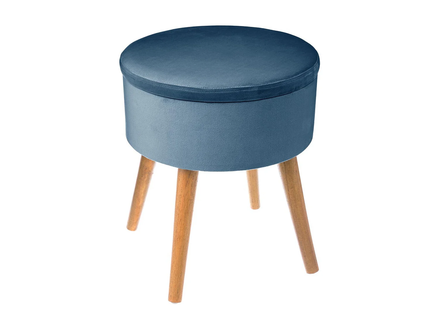 Tabouret avec Coffre en Velours Bleu et pieds en Bois naturel H 43 cm
