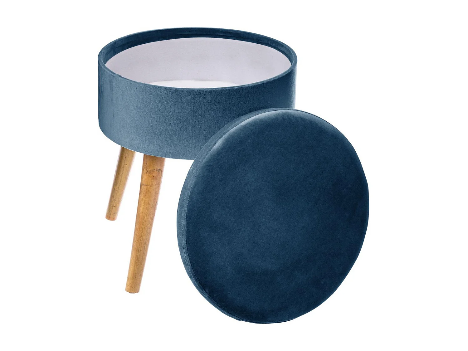 Tabouret avec Coffre en Velours Bleu et pieds en Bois naturel H 43 cm