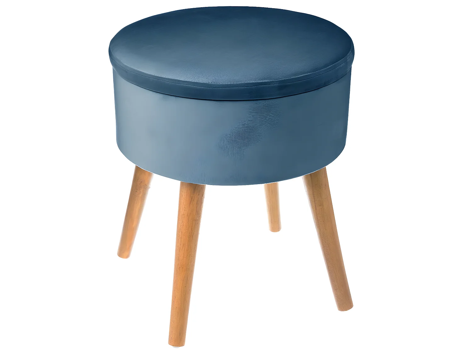 Tabouret avec Coffre en Velours Bleu et pieds en Bois naturel H 43 cm