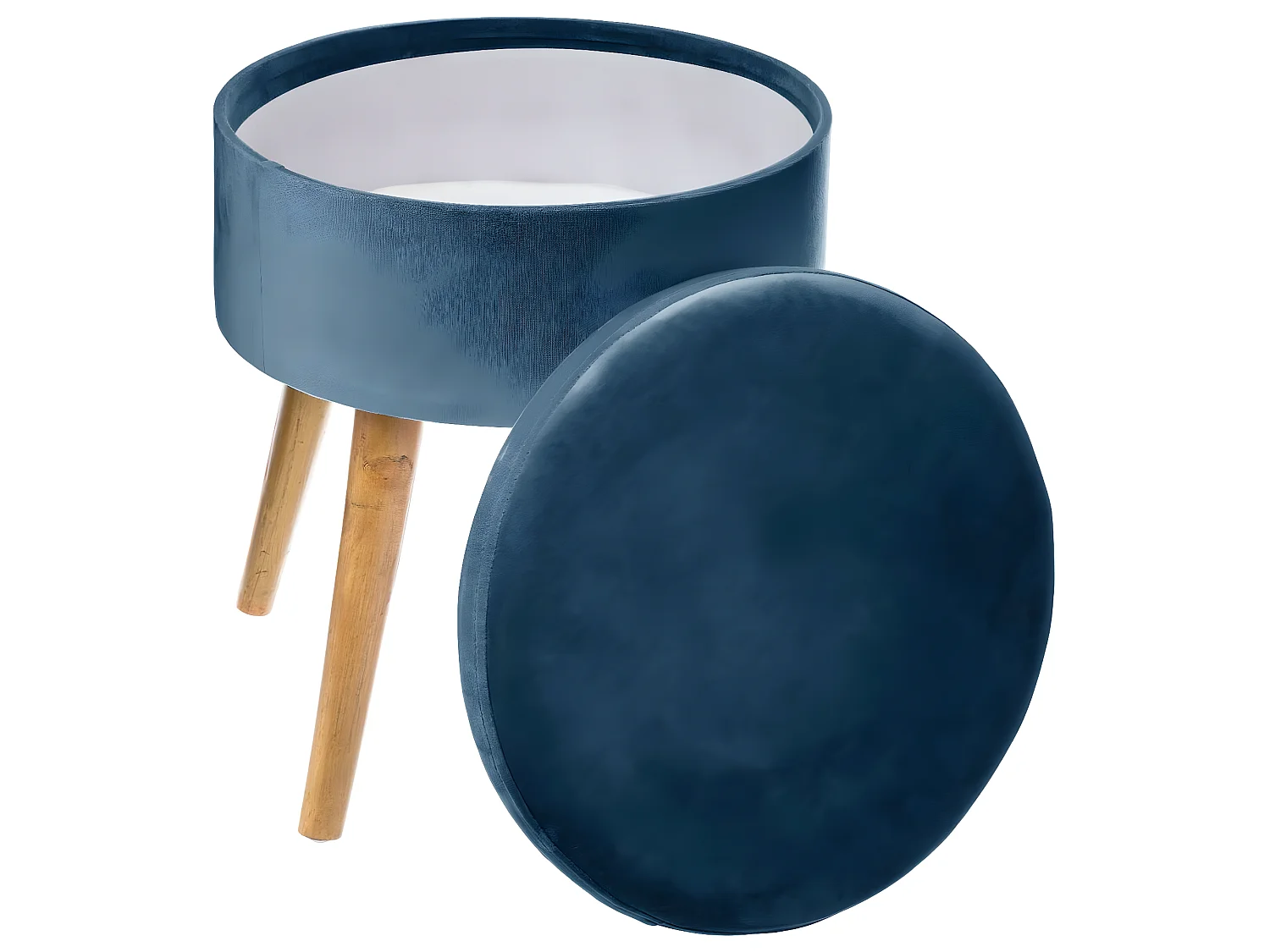 Tabouret avec Coffre en Velours Bleu et pieds en Bois naturel H 43 cm