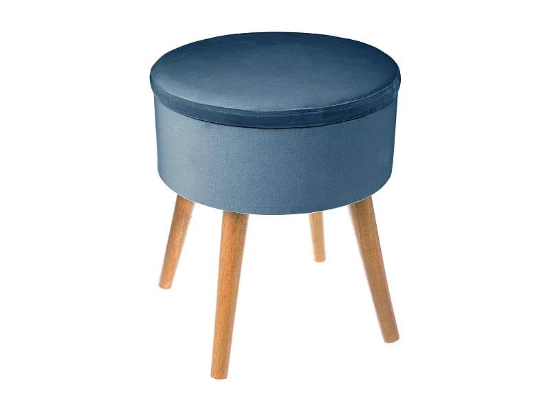 Tabouret avec Coffre en Velours Bleu et pieds en Bois naturel H 43 cm