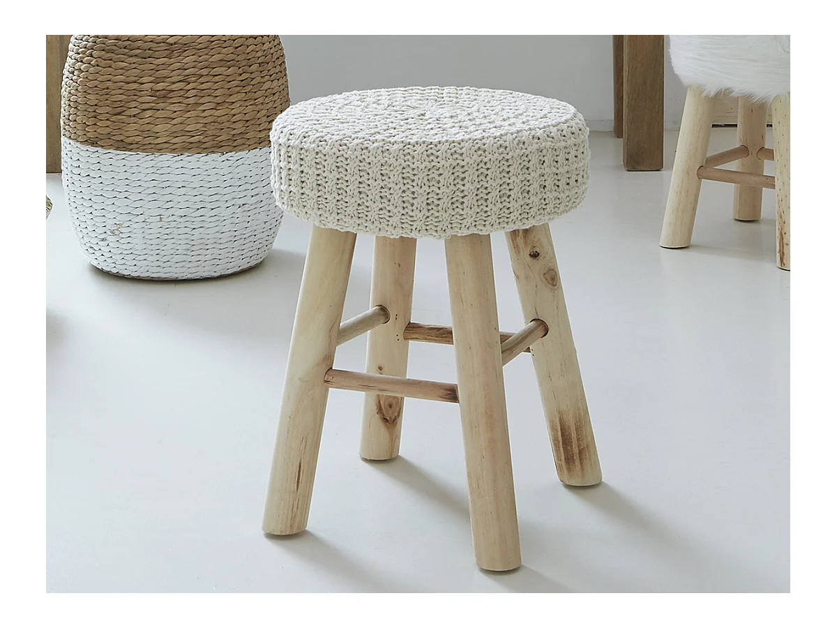 Tabouret Beige et Pied en Bois Naturel H 43 cm