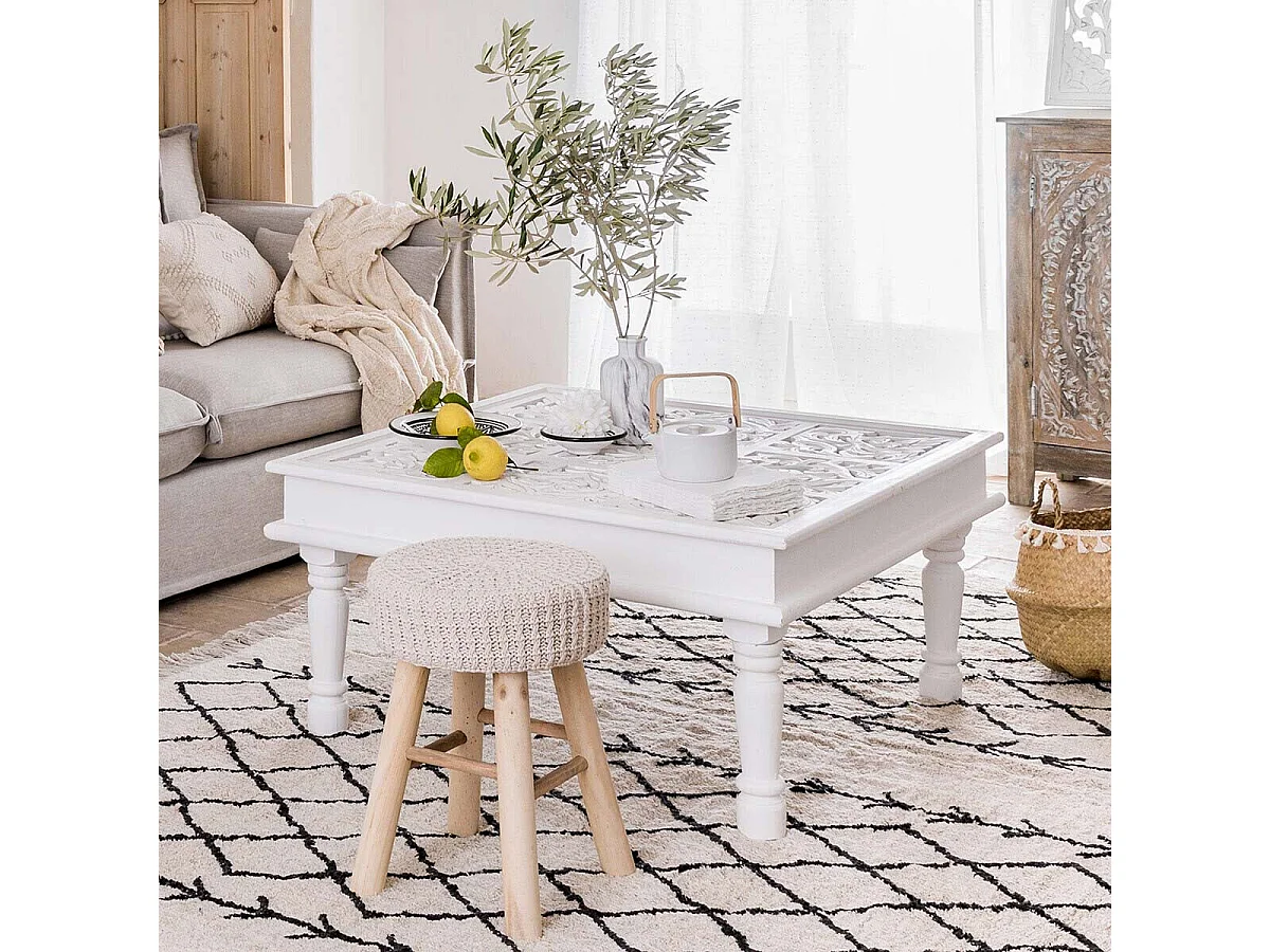 Tabouret Beige et Pied en Bois Naturel H 43 cm