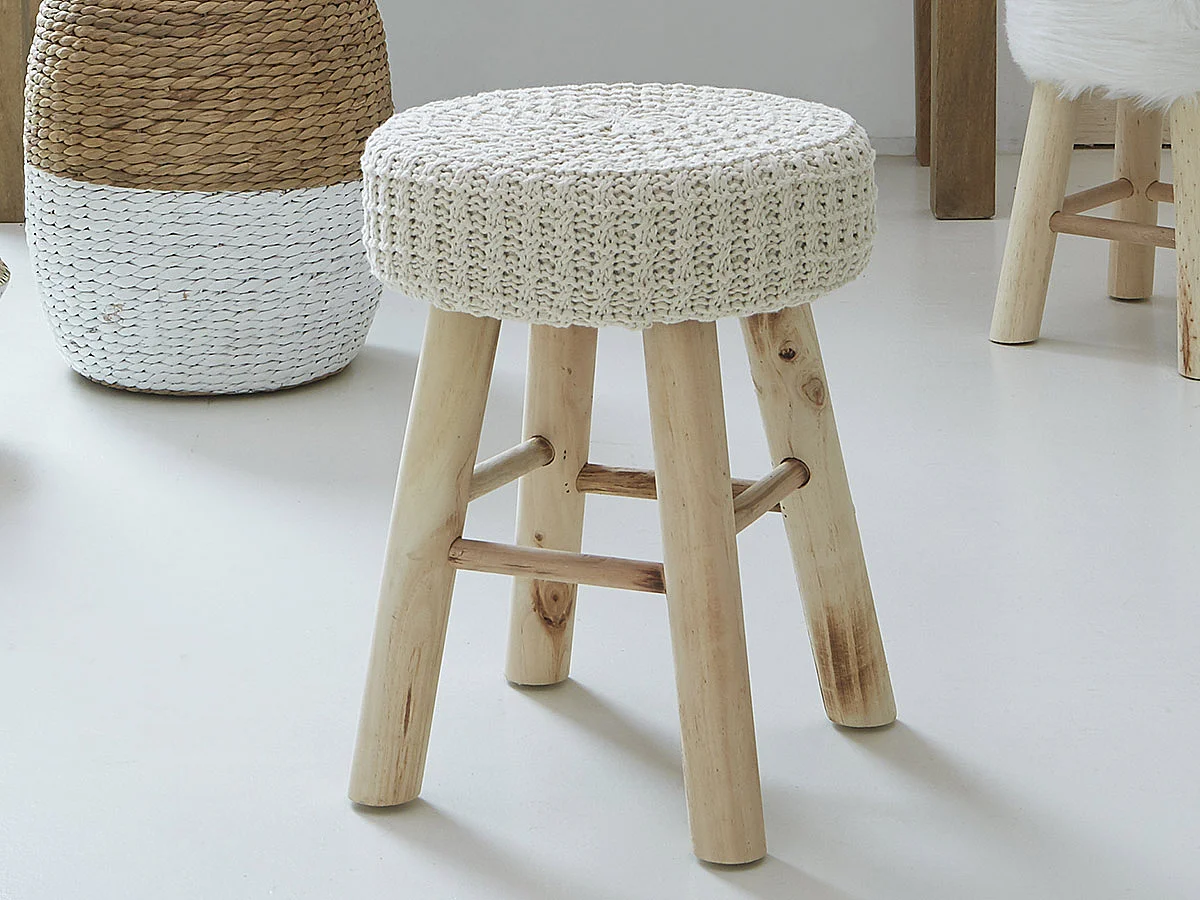 Tabouret Beige et Pied en Bois Naturel H 43 cm